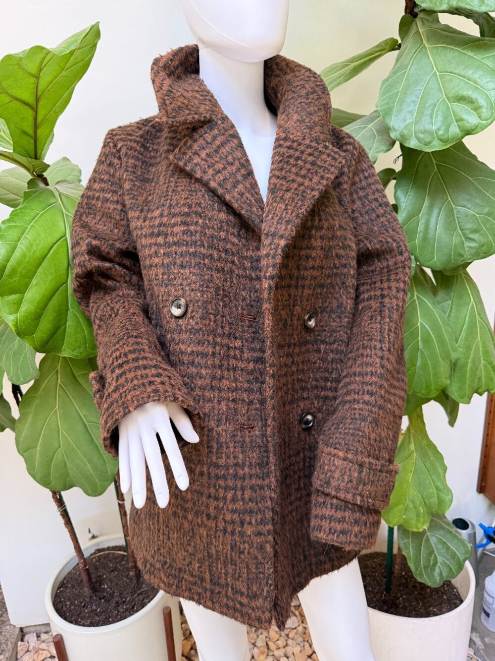 Classic Timeless Preppy Brown & Black Houndstooth Faux Wool Peacoat - M